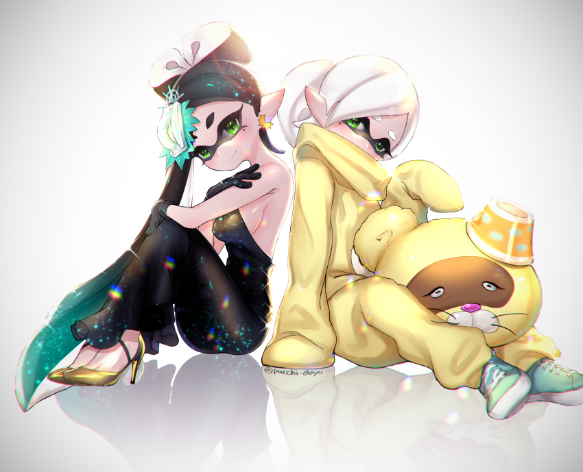 +_+, 2girls, absurdres, alternate_eye_color, back-to-back, black_dress, black_gloves, black_hair, callie_(fancy_party)_(splatoon), callie_(splatoon), costume, dress, earrings, food, food_on_head, formal_clothes, gloves, green_eyes, grey_hair, high_heels, highres, inkling, jewelry, long_dress, long_hair, looking_at_viewer, marie_(costume_party)_(splatoon), marie_(splatoon), mascot, mole, mole_under_eye, multiple_girls, nintendo, object_on_head, pointy_ears, puchiman, short_hair, sitting, smile, splatoon_(series), splatoon_1, strapless, twitter_username