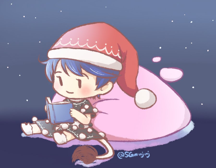 1girl, blob, blue_eyes, blue_hair, book, chibi, doremy_sweet, dress, female_focus, hat, matching_hair/eyes, nightcap, pom_pom_(clothes), short_hair, smile, solo, tail, tapir_tail, touhou, yuejiao_tuan