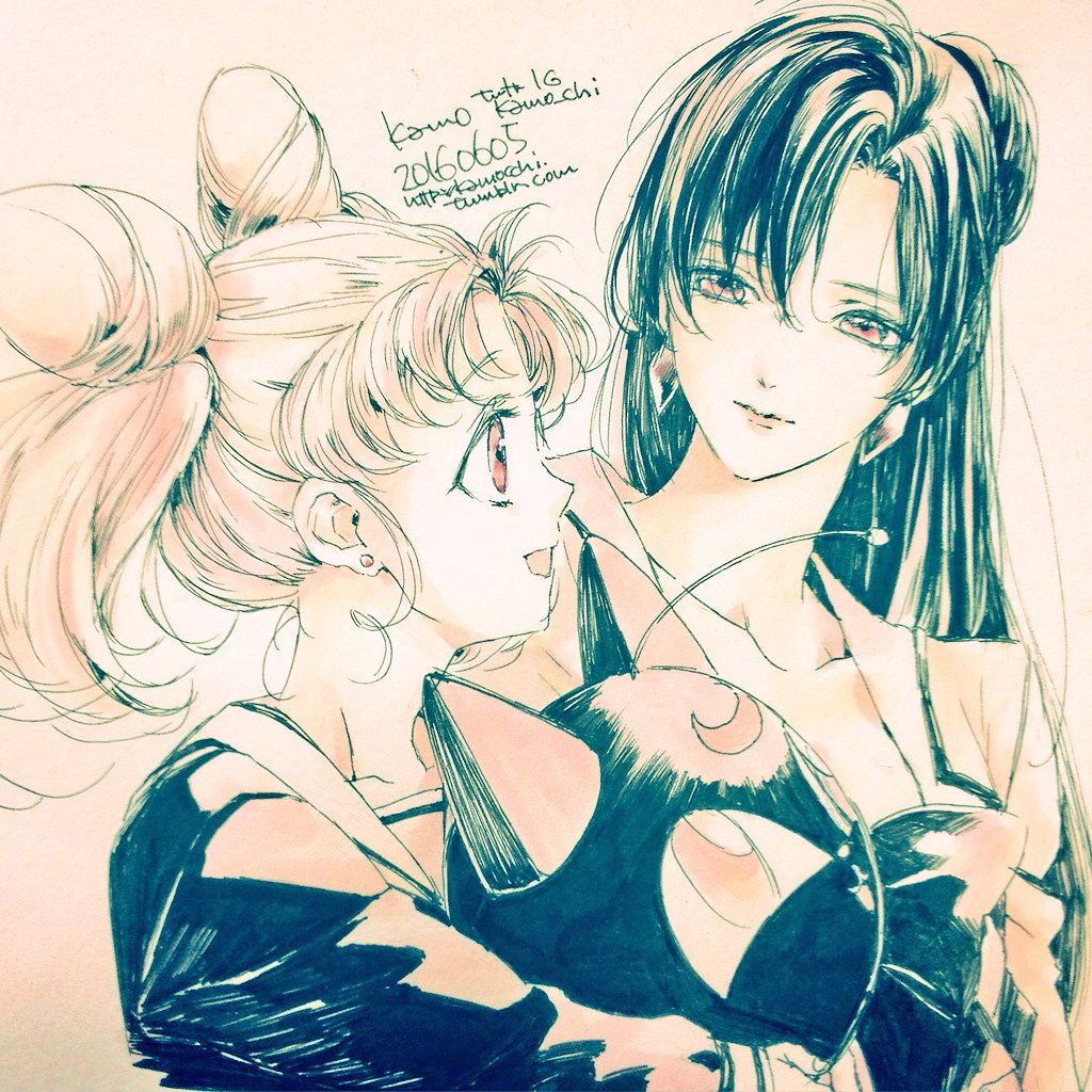 10s, 2016, 2girls, age_difference, artist_name, bad_id, bad_twitter_id, bishoujo_senshi_sailor_moon, bishoujo_senshi_sailor_moon_r, chibi_usa, cone_hair_bun, dated, double_bun, earrings, hair_bun, holding, jewelry, kamocchi, luna-p, marker_(medium), meiou_setsuna, monochrome, multiple_girls, parted_bangs, profile, red_eyes, traditional_media, twintails, watermark, web_address