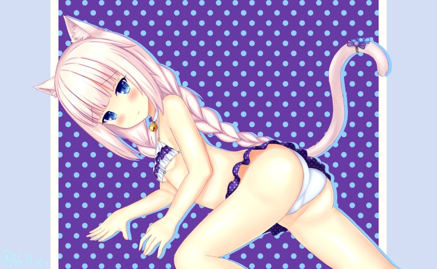 10s, 1girl, absurdres, alternate_hairstyle, animal_ears, ass, bad_id, bad_pixiv_id, bare_shoulders, bell, bikini, blue_eyes, blush, braid, cat_ears, cat_tail, collar, female_focus, highres, jingle_bell, long_hair, looking_at_viewer, lying, neck_bell, nekopara, on_side, polka_dot, polka_dot_background, slit_pupils, solo, swimsuit, tail, tail_ornament, twin_braids, vanilla_(nekopara), vellistix, wavy_mouth, white_hair