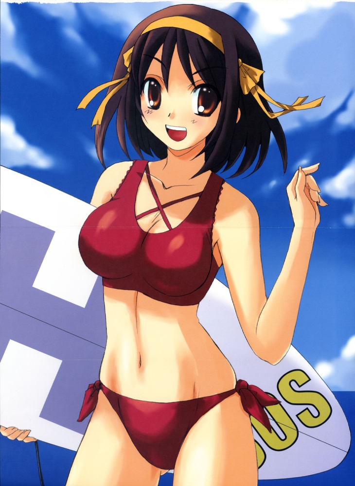 00s, 1girl, beach, bikini, brown_hair, day, female_focus, kagawa_tomonobu