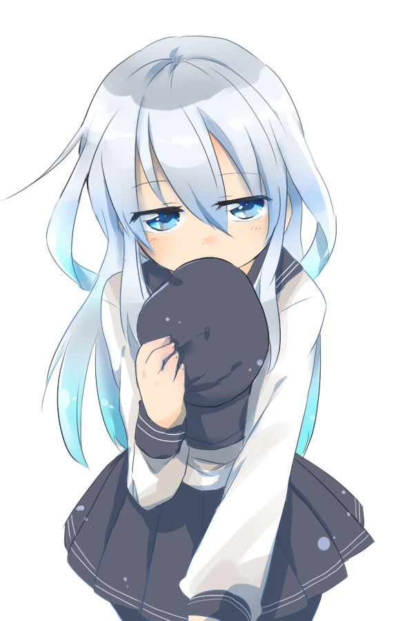 10s, 1girl, bad_id, bad_pixiv_id, blue_eyes, blue_hair, covering_own_mouth, female_focus, hat, hibiki_(kancolle), holding, holding_unworn_clothes, holding_unworn_hat, kantai_collection, kou2121, long_hair, looking_at_viewer, matching_hair/eyes, pantyhose, school_uniform, serafuku, solo, unworn_hat, unworn_headwear