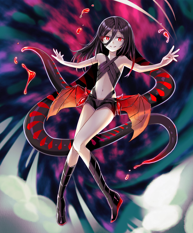 1girl, bare_shoulders, black_hair, boots, borrowed_character, cthulhu_mythos, female_focus, flat_chest, gradient_hair, hair_between_eyes, kuroi_nyan, long_hair, looking_at_viewer, multicolored_hair, navel, nyarlathotep, original, outstretched_arms, popia_jashin, red_eyes, red_hair, smile, solo, tentacles, wings