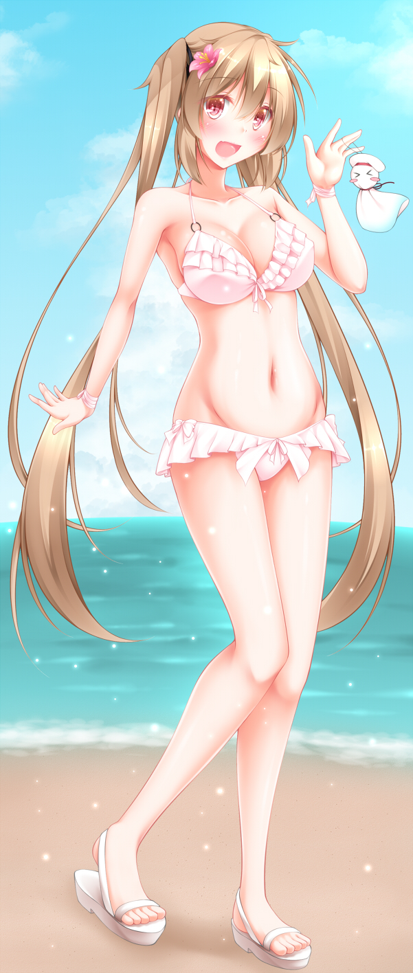 10s, 1girl, :d, beach, bikini, blonde_hair, blue_sky, blush, breasts, cleavage, collarbone, day, flower, groin, hair_flower, hair_ornament, harusame_(kancolle), highres, horizon, kantai_collection, large_breasts, long_hair, looking_at_viewer, lowleg, lowleg_bikini, murasame_(kancolle), narukami_ginryuu, navel, ocean, open_mouth, outdoors, pink_bikini, sand, sandals, shore, sky, smile, stomach, summer, swimsuit, teruterubouzu, the_harusame-like_bouzu, toes, twintails, very_long_hair, walking, water