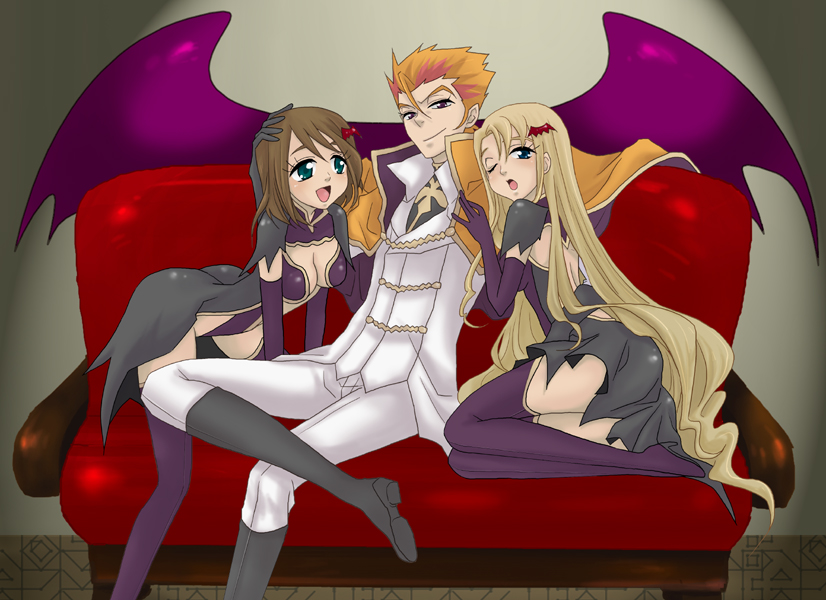 00s, 1boy, 2girls, blonde_hair, boots, brown_hair, code_geass, hair_ornament