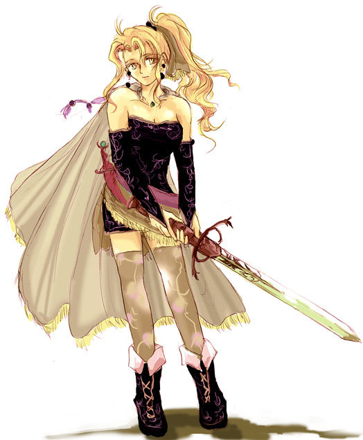 1990s_(style), 1girl, bad_id, bad_pixiv_id, bare_shoulders, blonde_hair, boots, bridal_gauntlets, cape, celes_chere, female_focus, final_fantasy, final_fantasy_vi, gloves, gumi_(fps), gumi_(nisoniso), long_hair, nisoniso, ponytail, solo, sword, thighhighs, tina_branford, weapon, yellow_eyes, zettai_ryouiki