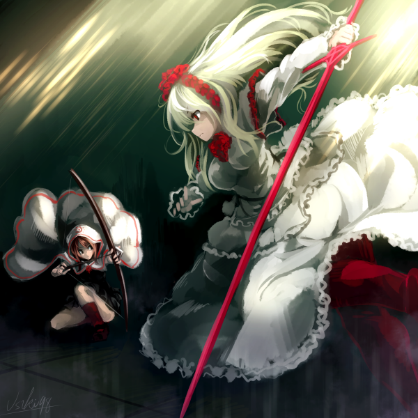 2girls, bow_(weapon), brown_hair, cloak, dress, fennel_(momodora), holding, holding_sword