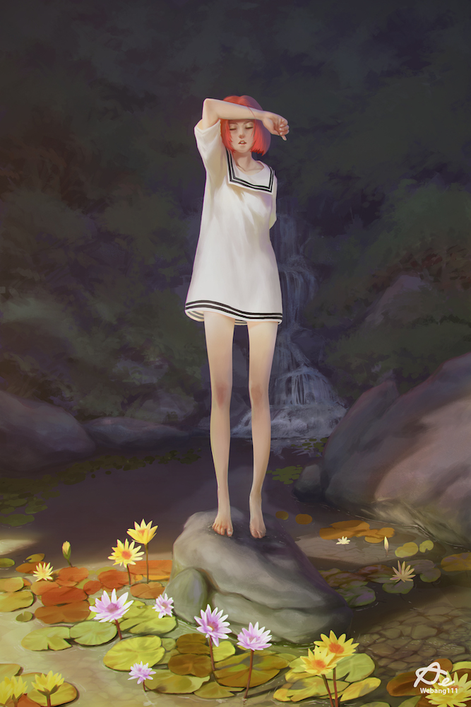 1girl, akekarat_sumatchaya, arm_on_own_head, barefoot, closed_eyes, commentary_request, dress, fantasy