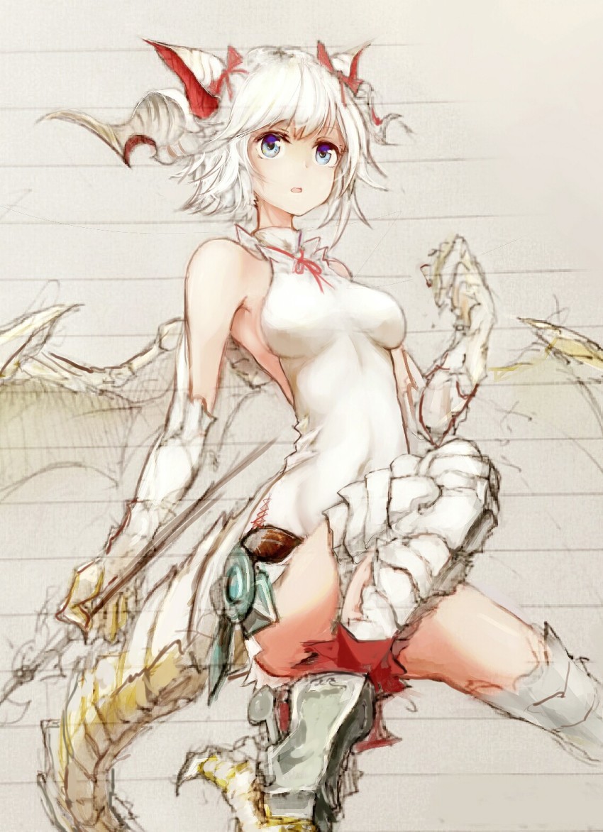 1girl, bad_id, bad_pixiv_id, bare_shoulders, blue_eyes, breasts, dragon_girl, dragon_horns