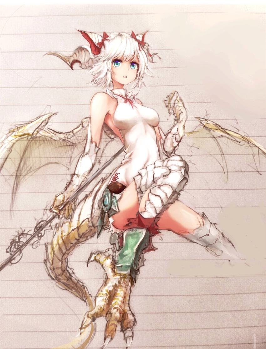 1girl, bad_id, bad_pixiv_id, bare_shoulders, blue_eyes, breasts, dragon_girl, dragon_horns