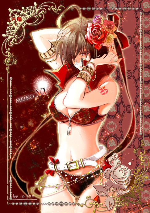1girl, adapted_costume, ahoge, arm_up, armlet, arms_behind_head, artist_name, bare_shoulders, bead_bracelet, beads, belt, border, bow, bracelet, breasts, brown_hair, buckle, caracoro, character_name, cleavage, closed_mouth, cowboy_shot, crop_top, eyebrows, eyelashes, eyes_visible_through_hair, female_focus, fingernails, flower, gem, hair_between_eyes, hair_flower, hair_ornament, hair_over_one_eye, hair_ribbon, hand_on_own_head, hand_up, jewelry, long_fingernails, meiko_(vocaloid), midriff, nail_polish, navel, outside_border, panties, patterned, pearl_thong, popped_collar, red_background, red_bow, red_eyes, red_flower, red_nails, red_panties, red_ribbon, red_rose, red_theme, ribbon, rose, shade, sharp_fingernails, short_hair, sleeveless, solo, sparkle, stomach, tattoo, thigh_gap, underwear, unzipped, vocaloid