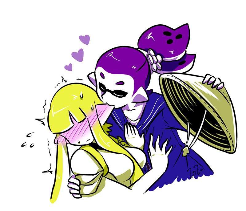 1boy, 1girl, ajirogasa, artist_name, beauty_(zoza), blonde_hair, blunt_bangs, blush