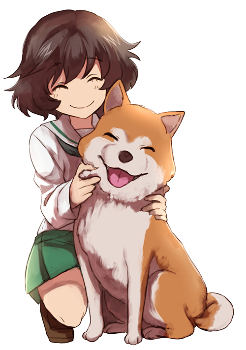 10s, 1girl, akiyama_yukari, brown_hair, cheek_pinching, dog, girls_und_panzer, green_skirt