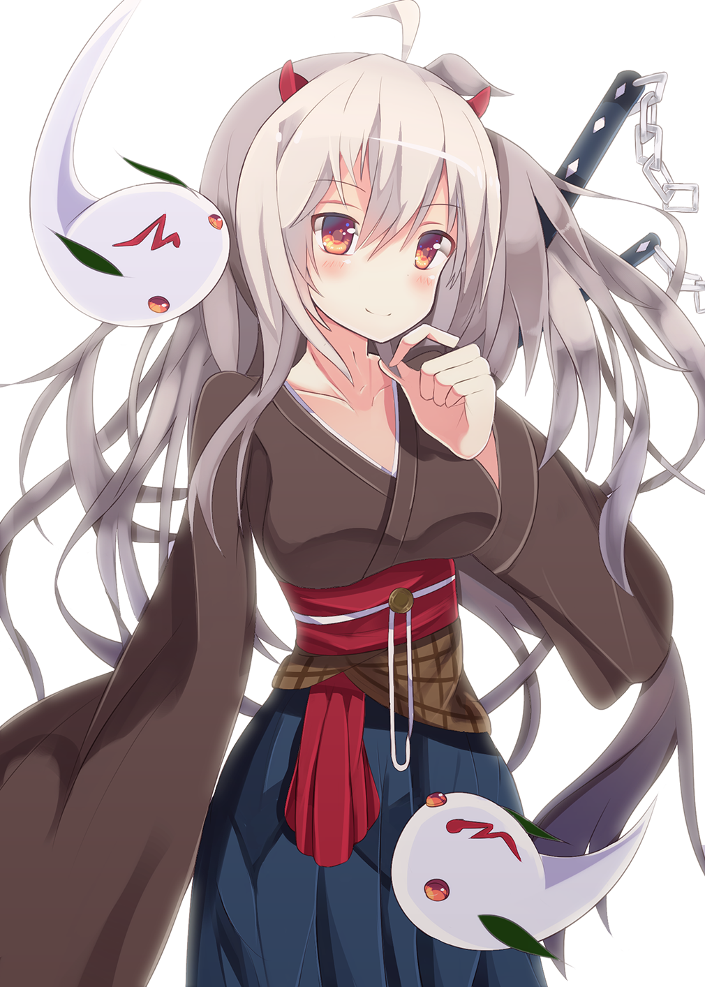 1girl, blue_skirt, blush, breasts, chain, closed_mouth, cowboy_shot, creature