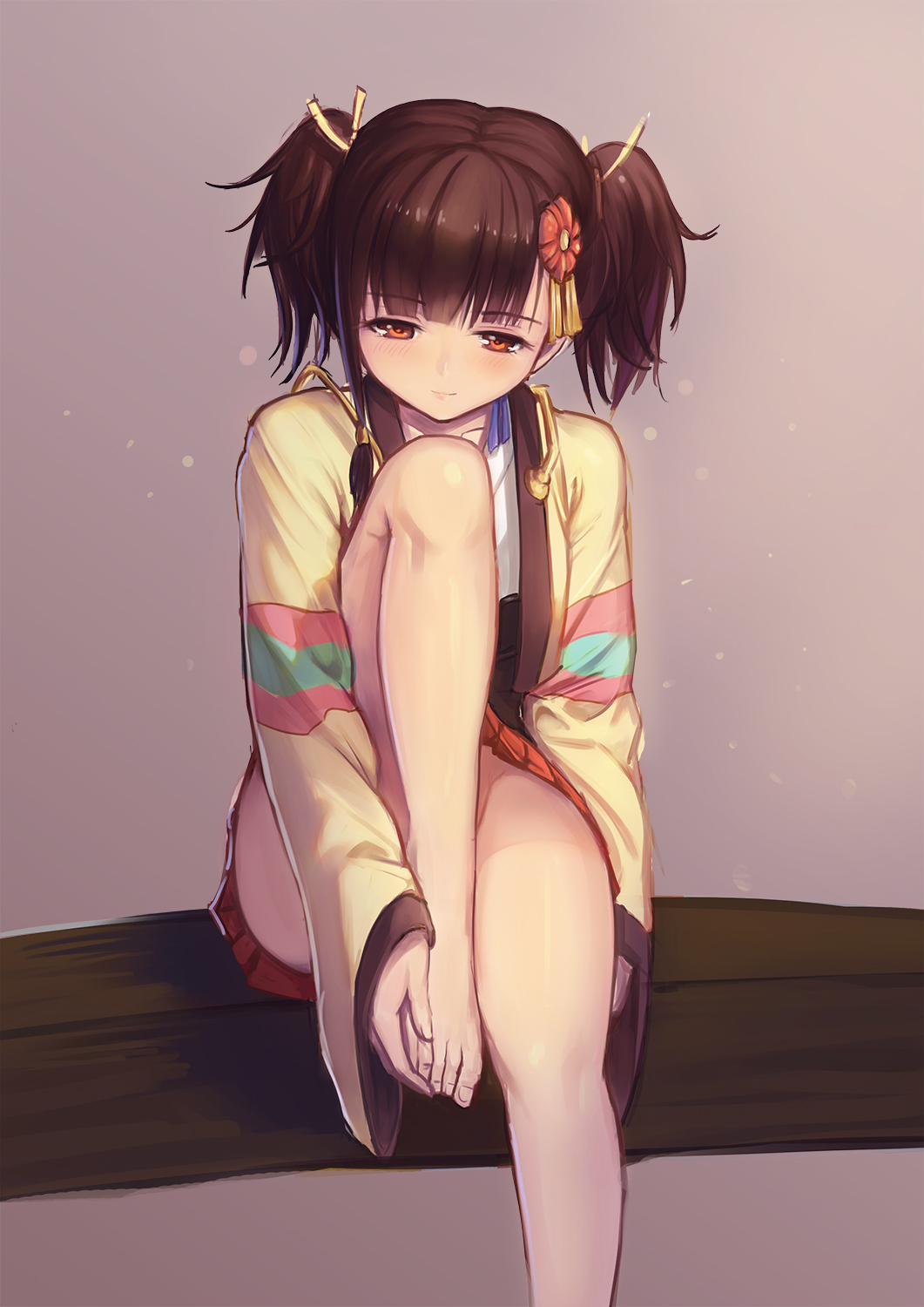 10s, 1girl, bare_legs, barefoot, blush, brown_hair, choker, feet