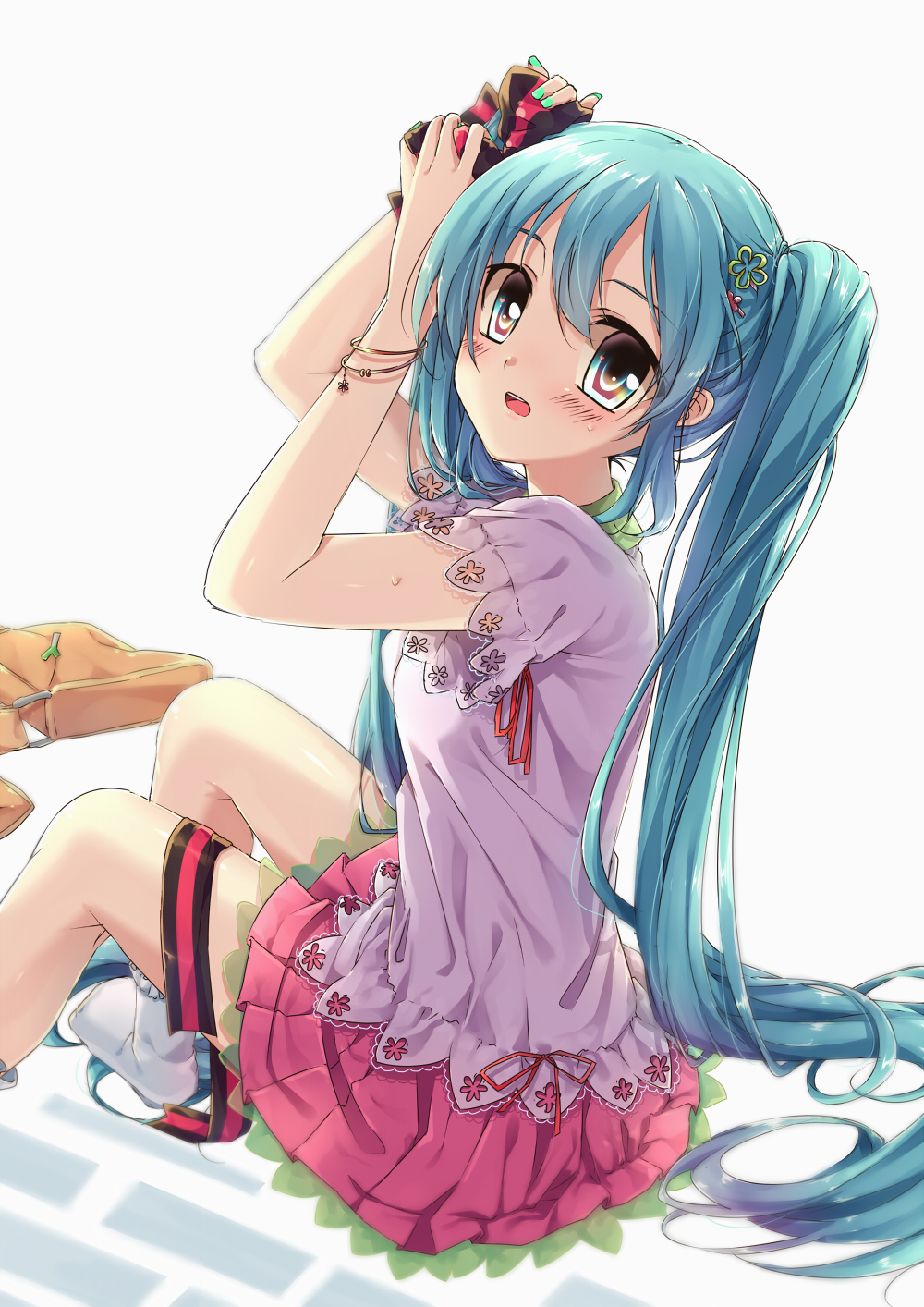 1girl, aqua_eyes, aqua_hair, bag, blush, bow, bracelet, female_focus