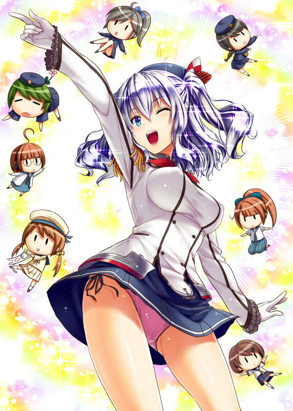 10s, 15.2cm_single_gun_mount, 15.5cm_triple_gun_mount, 20.3cm_twin_gun_mount, 6+girls, ;d, ahoge, batsubyou, beret, black_hair, blue_eyes, braid, breasts, brown_hair, buttons, cat, closed_eyes, epaulettes, error_musume, fairy_(kancolle), frilled_sleeves, frills, girl_holding_a_cat_(kancolle), glasses, gloves, green_hair, hair_ornament, hair_ribbon, hairclip, hat, jacket, kantai_collection, kashima_(kancolle), kerchief, large_breasts, long_hair, long_sleeves, looking_at_viewer, military, military_uniform, mini_person, minigirl, miniskirt, multiple_girls, one_eye_closed, open_mouth, panties, pantyshot, pink_panties, pleated_skirt, ponytail, ribbon, sakaki_maki, school_uniform, serafuku, short_sleeves, side-tie_panties, sidelocks, silver_hair, single_braid, skirt, smile, sparkle, standing, tsurime, twintails, type_3_active_sonar, type_93_passive_sonar, type_94_depth_charge_projector, underwear, upskirt, wavy_hair, white_gloves