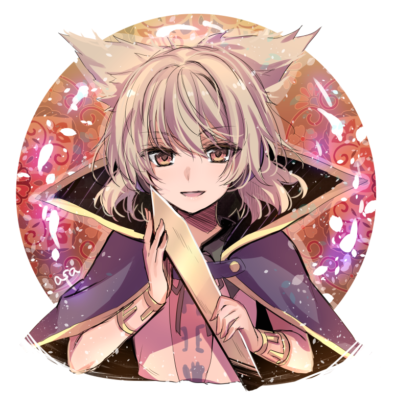 1girl, :d, artist_name, asa_(coco), bracelet, brown_eyes, brown_ribbon, cape