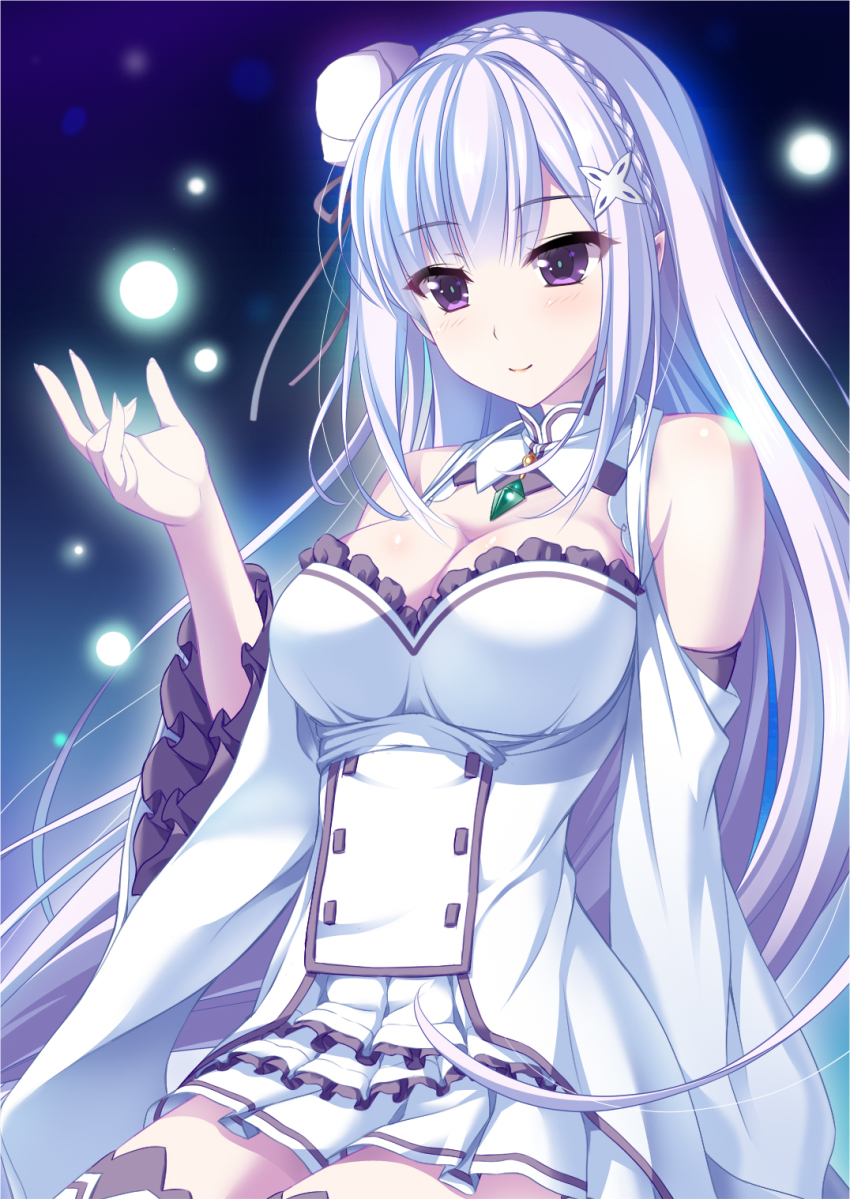 10s, 1girl, bare_shoulders, blush, breasts, cleavage, detached_sleeves, emilia_(re:zero)