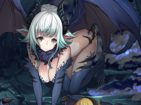 1girl, all_fours, animal_ears, aqua_hair, bare_back, blue_eyes, blue_wings, breasts, claws, cleavage, cropped, demon_girl, demon_wings, dragon_girl, dragon_horns, dragon_tail, dragon_wings, female_focus, from_above, fur, gradient_hair, horns, large_breasts, looking_at_viewer, moeru!_dragon_jiten, moeru!_jiten, multicolored_hair, official_art, original, sidelocks, solo, tail, wings, youcapriccio, yuu_(higashi_no_penguin)