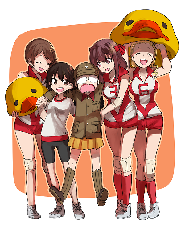 10s, 5girls, bad_id, bad_pixiv_id, bike_shorts, black_shorts, blonde_hair, boots