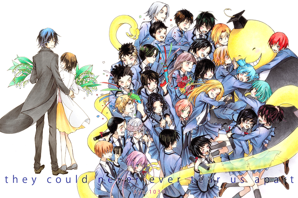 10s, 6+boys, 6+girls, akabane_karma, ansatsu_kyoushitsu, aqua_eyes, aya_carmine, black_hair, blonde_hair, blue_eyes, blue_hair, blush, bouquet, brown_eyes, brown_hair, chiba_ryuunosuke, closed_eyes, confetti, diploma, english_text, everyone, flower, fuwa_yuzuki, glasses, green_eyes, green_hair, group_hug, hara_sumire, hayami_rinka, hazama_kirara, hug, isogai_yuuma, kanzaki_yukiko, karasuma_tadaomi, kataoka_megu, kayano_kaede, kimura_masayoshi, koro-sensei, kurahashi_hinano, long_hair, maehara_hiroto, multiple_boys, multiple_girls, nakamura_rio, necktie, okano_hinata_(ansatsu_kyoushitsu), okuda_manami, open_mouth, orange_hair, party_popper, pink_hair, pleated_skirt, ponytail, school_uniform, scrunchie, shiota_nagisa, short_hair, short_twintails, skirt, smile, spoilers, sugaya_sousuke, sugino_tomohito, tentacles, terasaka_ryouma, tube, twintails, yada_touka, yoshida_taisei, yukimura_aguri