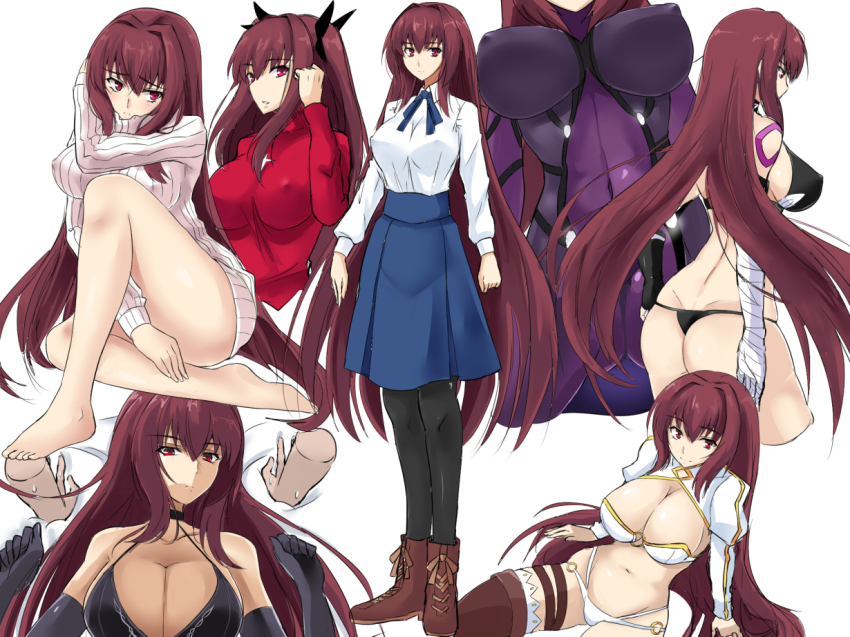 1girl, alternate_costume, alternate_hairstyle, artoria_pendragon_(fate), ass, bandaged_arm, bandages, barefoot, black_gloves, black_pantyhose, blush, bodysuit, boots, boudica_(fate), boudica_(fate)_(cosplay), breasts, cleavage, closed_eyes, cosplay, covered_erect_nipples, covered_navel, fate/apocrypha, fate/grand_order, fate/stay_night, fate_(series), female_focus, from_behind, gloves, hair_ribbon, impossible_clothes, jack_the_ripper_(fate/apocrypha), jack_the_ripper_(fate/apocrypha)_(cosplay), large_breasts, long_hair, lying, naked_sweater, navel, on_back, pantyhose, purple_bodysuit, purple_hair, red_eyes, revealing_clothes, ribbon, saber_(fate), saber_(fate)_(cosplay), scathach_(fate), scathach_(loungewear_mode)_(fate), sideboob, simple_background, sitting, skirt, solo, sweatdrop, sweater, takara_joney, thigh_boots, thighhighs, tohsaka_rin, tohsaka_rin_(cosplay), white_background