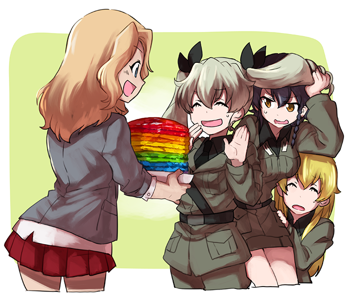 10s, 4girls, anchovy_(girls_und_panzer), bad_id, bad_pixiv_id, black_hair, black_shirt, blonde_hair, blue_eyes, braid, brown_eyes, cake, carpaccio_(girls_und_panzer), food, girls_und_panzer, green_hair, grey_jacket, jacket, kay_(girls_und_panzer), long_hair, miniskirt, multiple_girls, necktie, oono_imo, pancake, pepperoni_(girls_und_panzer), rainbow, red_skirt, shirt, short_hair, side_braid, skirt, twintails