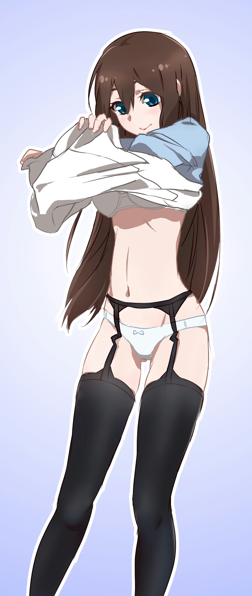 10s, 1girl, alternate_hairstyle, alternate_legwear, black_hair, black_thighhighs, blue_eyes, bow, bow_panties, bra, brown_hair, clothes_lift, female_focus, garter_belt, garter_straps, groin, hair_between_eyes, hair_down, highres, long_hair, navel, nintendo, panties, pokemon, pokemon_black_2_and_white_2, rosa_(pokemon), shirt_lift, simple_background, solo, standing, surfing_orange, thighhighs, underwear, undressing, white_bra, white_panties