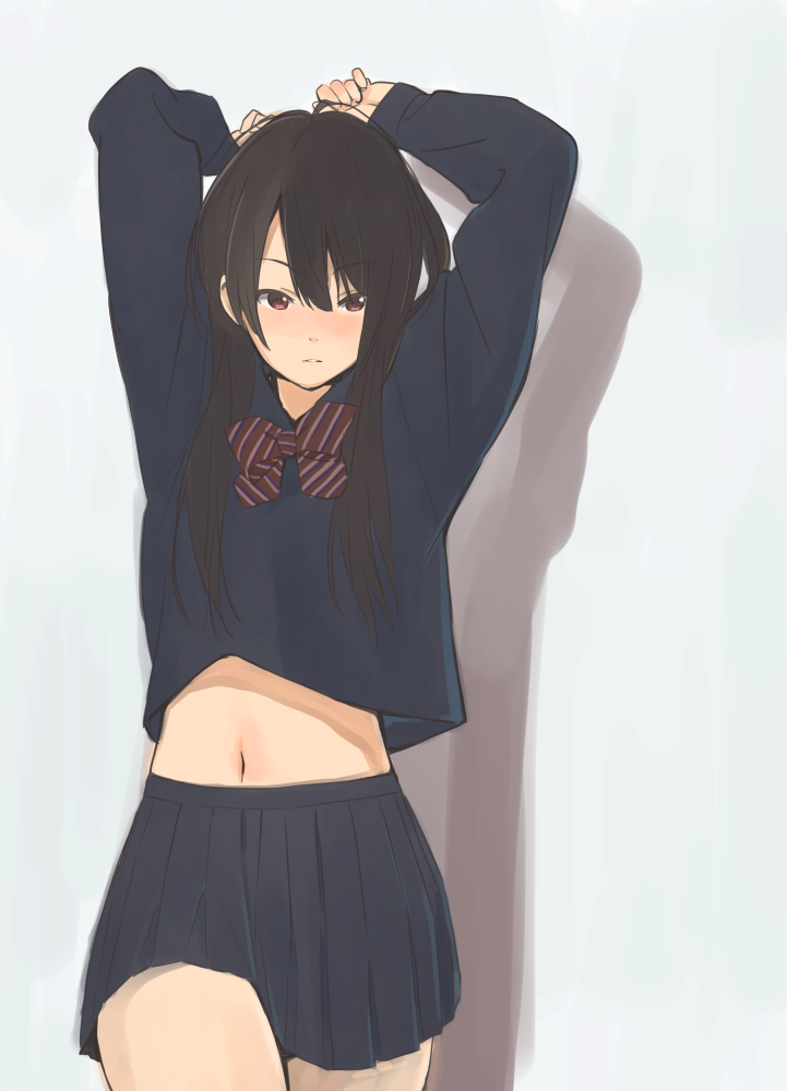 1girl, arms_up, black_hair, black_serafuku, black_skirt, blush, bow, bowtie
