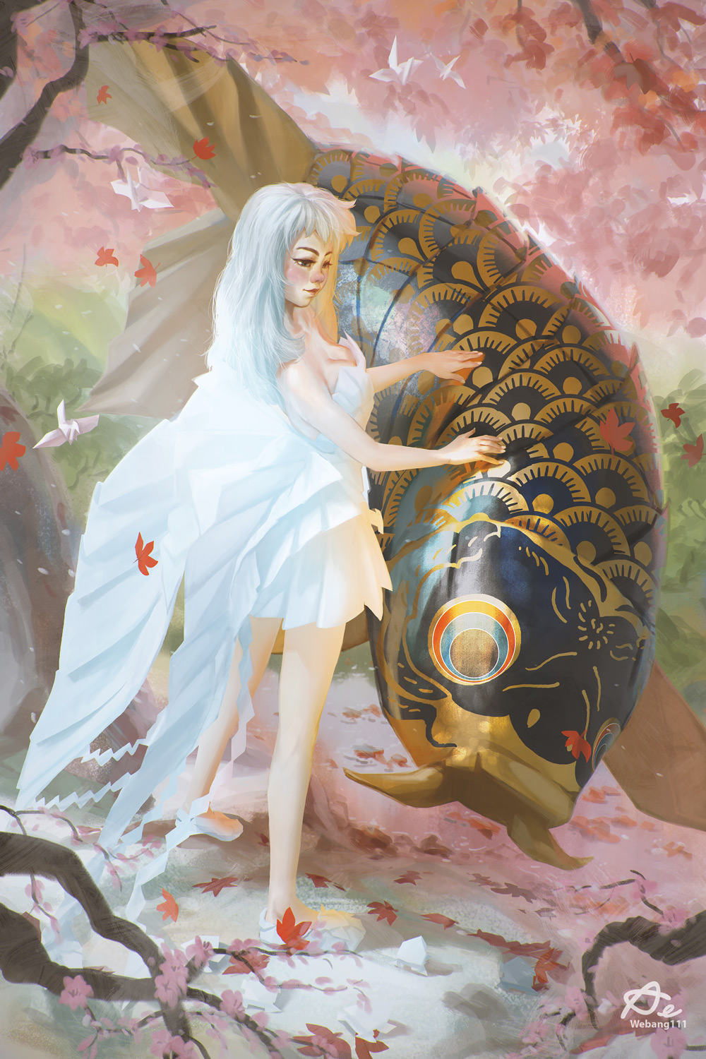 1girl, akekarat_sumatchaya, artist_name, autumn_leaves, bare_shoulders, breasts, cleavage, dress