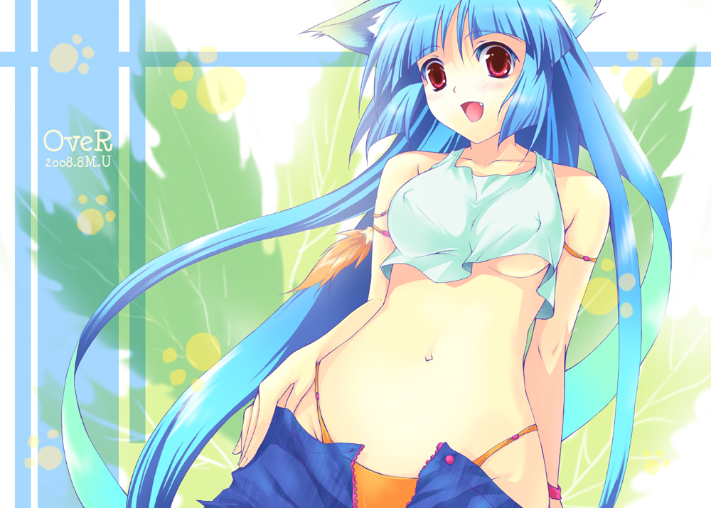 1girl, animal_ears, bikini, bikini_bottom_only, blue_hair, breasts, cat_ears, covered_erect_nipples