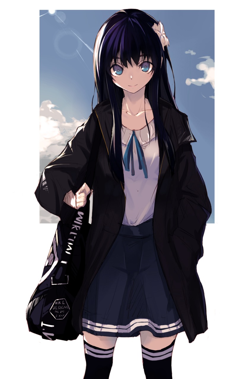 1girl, bag, black_hair, black_thighhighs, blue_eyes, cloud, coat, collarbone