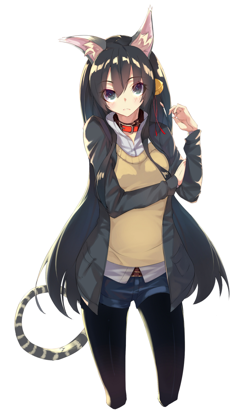1girl, absurdres, animal_ears, bell, belt, black_hair, black_pantyhose, cardigan_vest