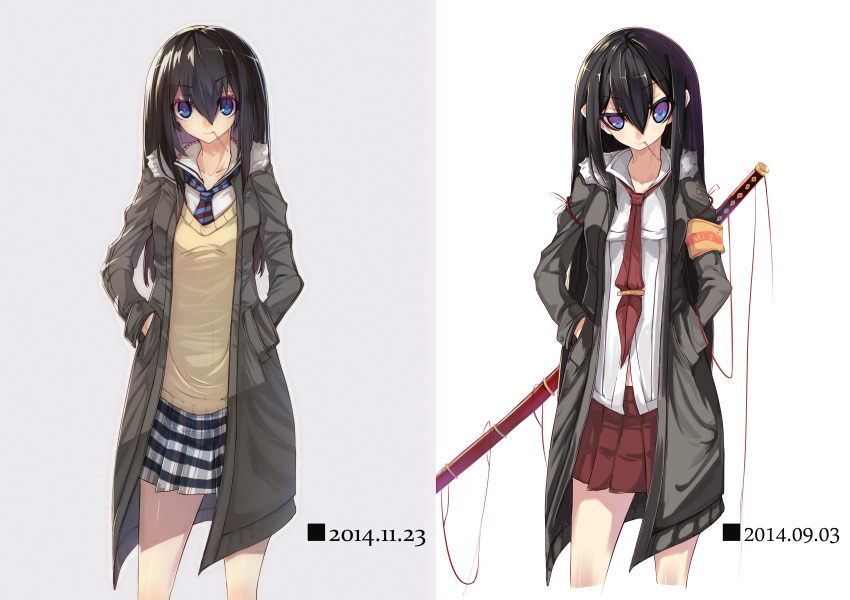 2014, 2girls, absurdres, before_and_after, black_hair, blue_eyes, cardigan_vest, coat