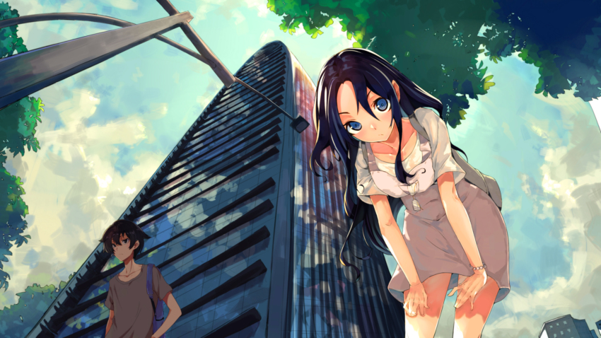 1boy, 1girl, absurdres, backpack, bag, bent_over, black_hair, blue_eyes
