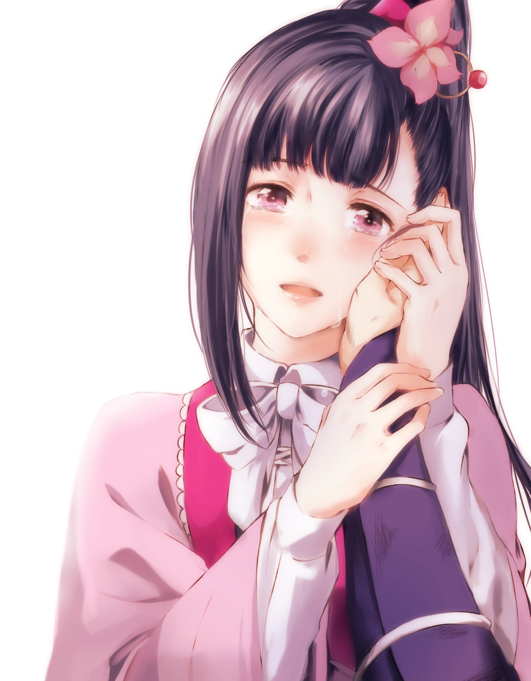 10s, 1girl, bow, breasts, collared_shirt, crying, crying_with_eyes_open, flower, hair_flower, hair_ornament, hand_grab, hand_on_another's_cheek, hand_on_another's_face, head_tilt, highres, japanese_clothes, jewelry, koutetsujou_no_kabaneri, long_hair, long_sleeves, looking_at_viewer, out_of_frame, ponytail, pov, pov_hands, purple_eyes, rera_(12169432), ring, shirt, sidelocks, simple_background, solo_focus, tears, upper_body, white_background, white_shirt, wide_sleeves, yomogawa_ayame
