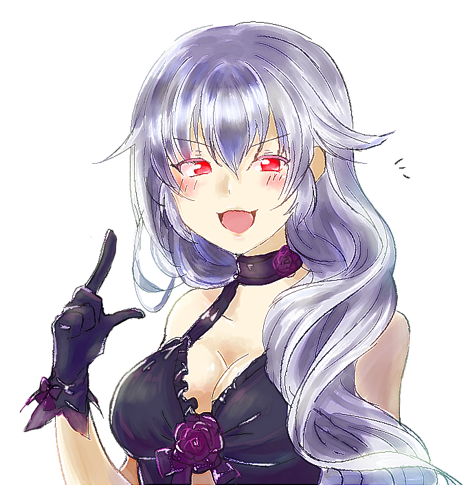 >:d, 10s, 1girl, :d, ^^^, bad_id, bad_pixiv_id, bare_shoulders, black_gloves, blush, bow, breasts, choker, cleavage, colored_eyelashes, female_focus, flipped_hair, flower, frills, gloves, hair_between_eyes, halifa_(monster_musume), hand_up, happy, index_finger_raised, long_hair, looking_at_viewer, monster_girl, monster_musume_no_iru_nichijou, monster_musume_no_iru_nichijou_online, open_mouth, pointing, pointing_up, purple_bow, purple_flower, purple_rose, red_eyes, rose, simple_background, smile, solo, tana_(tana_chi35), upper_body, v-shaped_eyebrows, very_long_hair, wavy_hair, white_background, white_hair