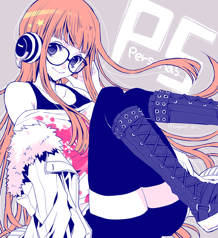 10s, 1girl, black_eyes, boots, copyright_name, female_focus, fur-trimmed_jacket, fur_trim, glasses, headphones, jacket, knee_boots, lace-up_boots, long_hair, looking_at_viewer, orange_hair, persona, persona_5, pollyanna-eri, sakura_futaba, smile, solo, thighhighs