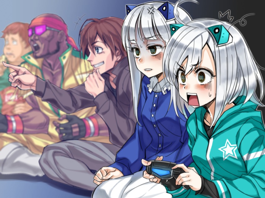 2girls, 3boys, ^^^, ahoge, alternate_costume, anger_vein, astebreed, bald