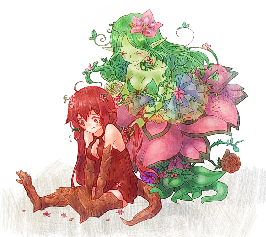 10s, 2girls, ahoge, alraune, aluru_(monster_musume), bad_id, bad_pixiv_id, blush, breasts, brushing_hair, claws, cleavage, colored_skin, flower, green_hair, green_skin, hair_flower, hair_ornament, lizard_tail, long_hair, monster_girl, monster_musume_no_iru_nichijou, monster_musume_no_iru_nichijou_online, multiple_girls, plant, plant_girl, pointy_ears, red_hair, reptile_girl, sala_(monster_musume), scales, simple_background, sitting, tail, tana_(tana_chi35), very_long_hair, vines, white_background