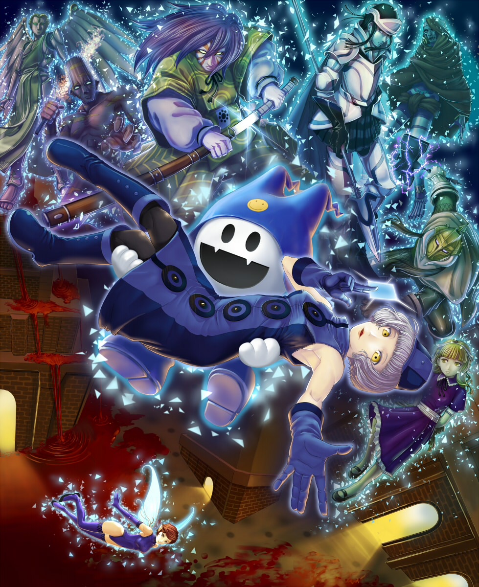 3girls, alice_(megami_tensei), atlus, blood, cu_chulainn_(megami_tensei), demon_(megami_tensei), elizabeth_(persona), gloves, hat, hi-ho-, highres, jack_frost_(megami_tensei), masakado_(megami_tensei), metatron_(megami_tensei), multiple_girls, nebiros_(megami_tensei), pantyhose, persona, persona_3, pixie_(megami_tensei), short_hair, silver_hair, surt_(megami_tensei), thighhighs, thor_(megami_tensei), yellow_eyes