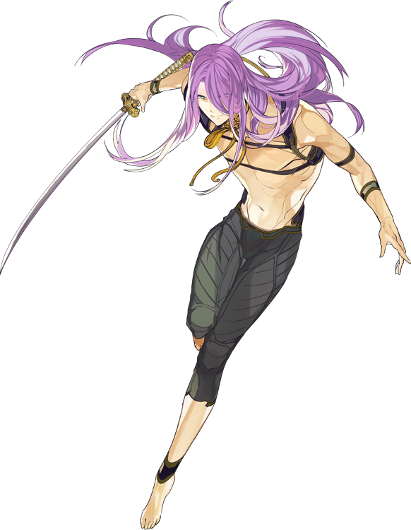 10s, 1boy, arai_teruko, barefoot, eyes_visible_through_hair, full_body, hachisuka_kotetsu, hair_over_one_eye