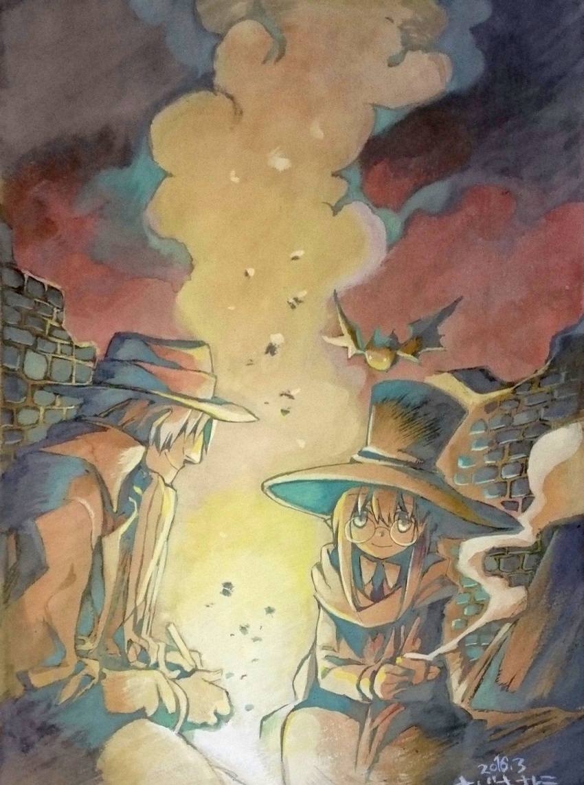 10s, 1boy, 1girl, 2016, bat_(animal), dated, glasses, hat