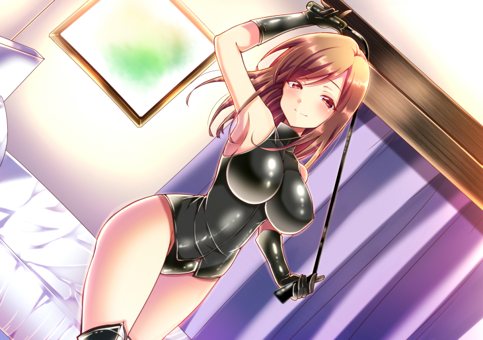 1girl, aizawa_chihiro, arm_up, armpits, bed, black_boots, black_gloves, black_panties
