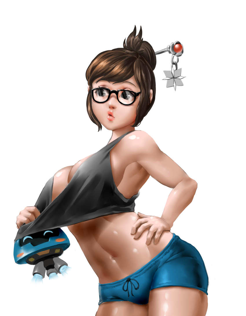 1girl, absurdres, bad_id, bad_pixiv_id, black-framed_eyewear, black_eyes, blue_shorts, breasts, brown_eyes, chain, clothes_pull, cowboy_shot, crop_top, drawstring, eyelashes, female_focus, glasses, hair_bun, hair_ornament, hair_stick, hand_on_own_hip, highres, large_breasts, lips, looking_away, looking_to_the_side, marble, mei_(overwatch), midriff, moonlit, navel, overwatch, overwatch_1, parted_lips, pout, pulling_another's_clothes, red_lips, shiny_skin, shirt_pull, short_hair, short_shorts, shorts, sideboob, simple_background, single_hair_bun, solo, stomach, swept_bangs, tank_top, toned, toned_female, white_background