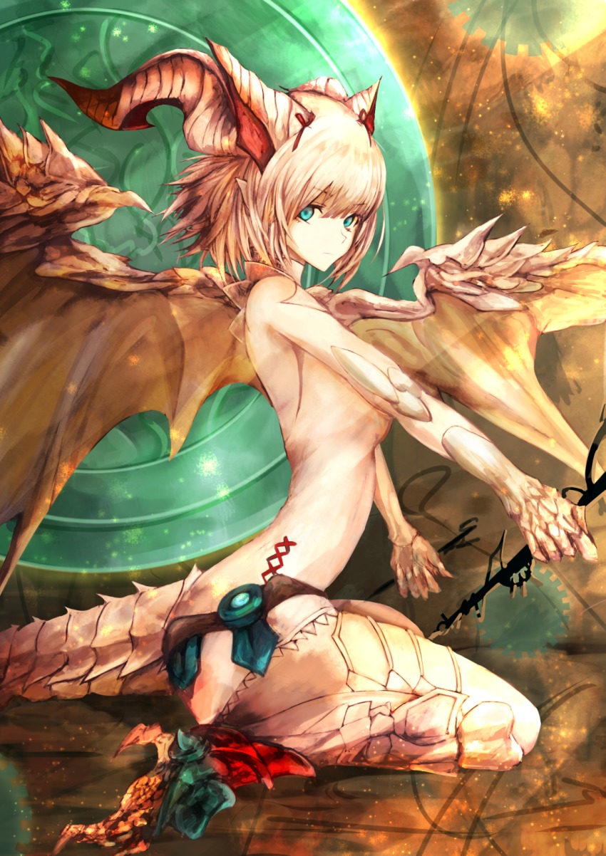 1girl, bare_shoulders, blonde_hair, blue_eyes, claws, clock_hands, dragon_girl, dragon_horns, dragon_tail, dragon_wings, dress, female_focus, gears, hair_ribbon, highres, horns, kaze_minoru_so-ru, looking_at_viewer, miru_(p&amp;d), myr_(p&amp;d), puzzle_&amp;_dragons, ribbon, ryumusume, scales, short_hair, solo, tail, talons, wings