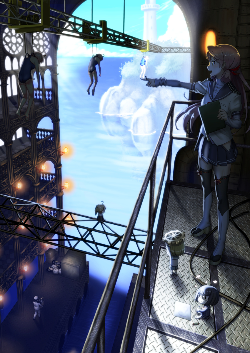 10s, 1boy, 41cm_twin_gun_mount, 6+girls, admiral_(kancolle), ahoge, akashi_(kancolle), blue_skirt