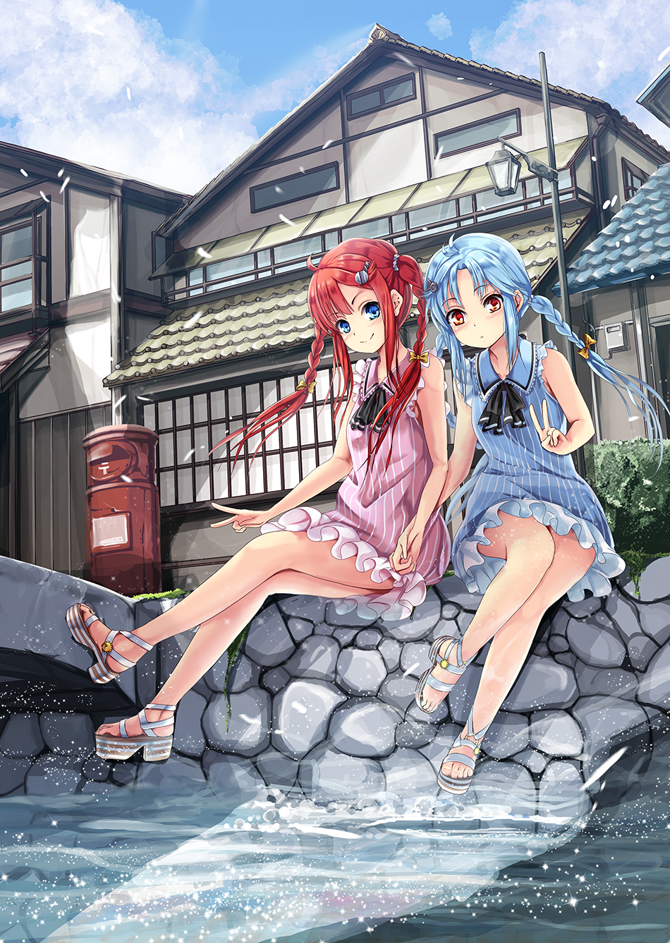 2girls, bare_legs, bare_shoulders, blue_dress, blue_eyes, blue_hair, blush, braid