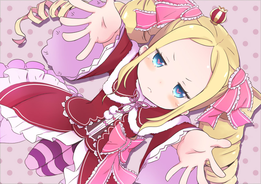 10s, 1girl, beatrice_(re:zero), blonde_hair, blue_eyes, blush, bow, bug, butterfly, butterfly-shaped_pupils, capelet, crown, dress, drill_hair, female_focus, frills, fur_trim, hair_ribbon, insect, long_hair, long_sleeves, looking_at_viewer, looking_up, mini_crown, mokichi812, outstretched_arms, pantyhose, pom_pom_(clothes), puffy_cheeks, purple_pantyhose, re:zero_kara_hajimeru_isekai_seikatsu, ribbon, solo, striped_clothes, striped_pantyhose, symbol-shaped_pupils, twin_drills, twintails, very_long_hair